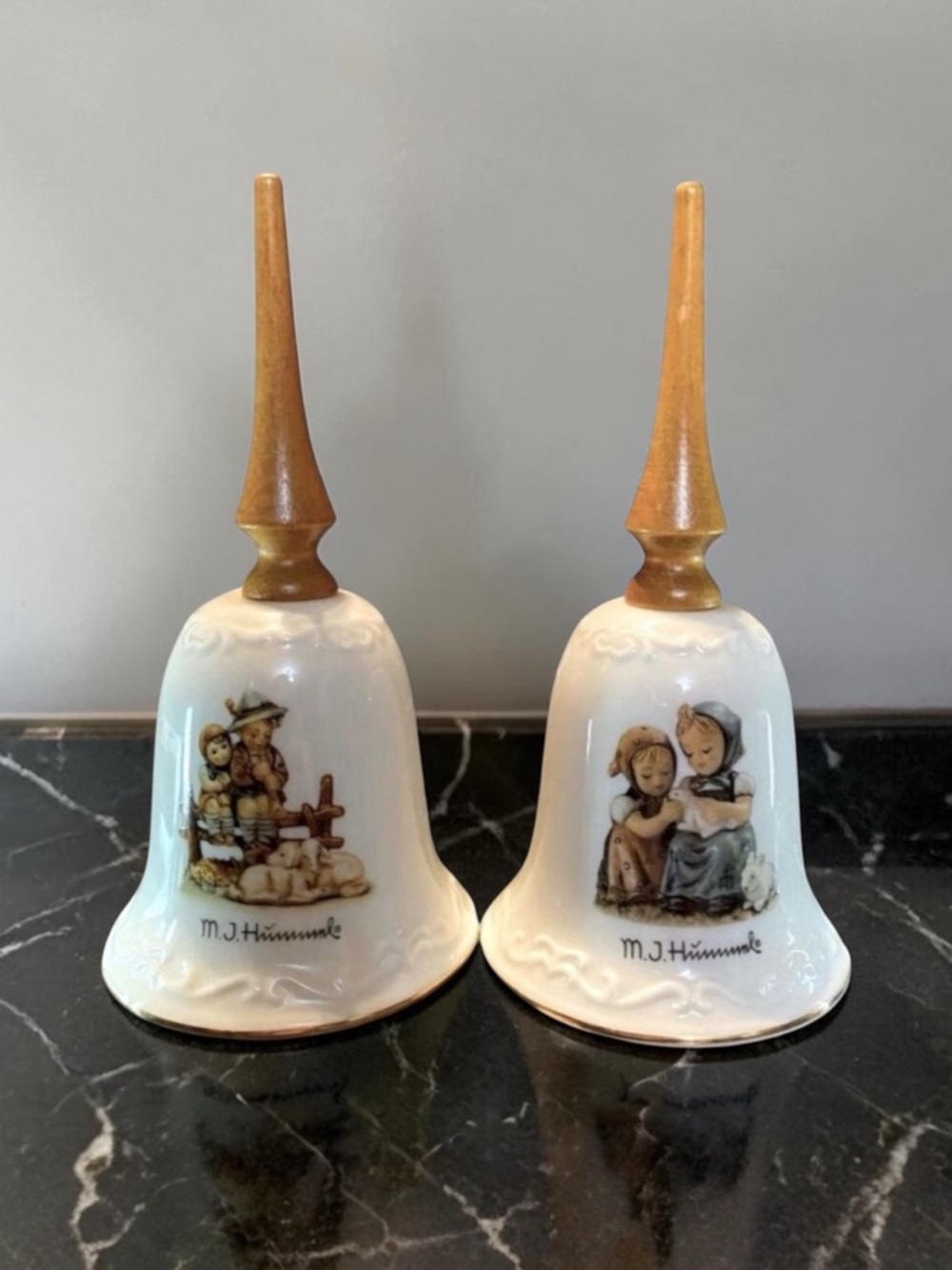 Vintage Porcelain Hummel and M.I. Hummel Wood Handled Bells